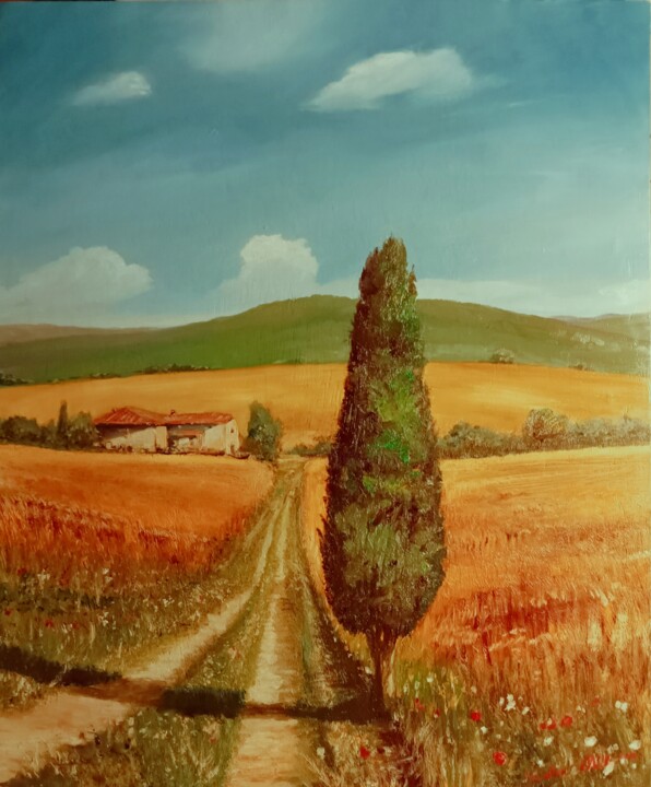 Painting titled "stradella con cipre…" by Sandro Mulinacci, Original Artwork, Oil