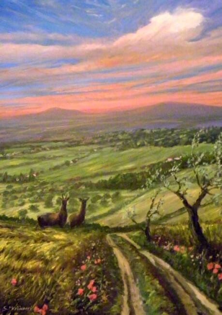 Painting titled "caprioli al tramonto" by Sandro Mulinacci, Original Artwork