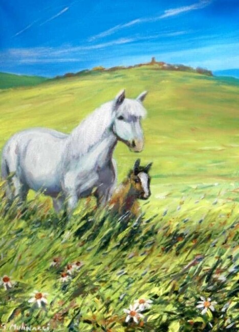 Pittura intitolato "campagna coi cavalli" da Sandro Mulinacci, Opera d'arte originale