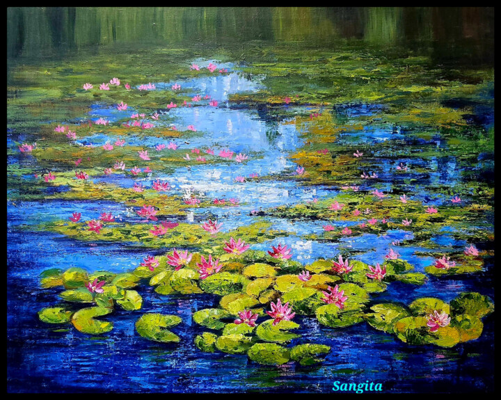 Painting titled "Waterlilies" by Sangita Agarwal, Original Artwork, Acrylic