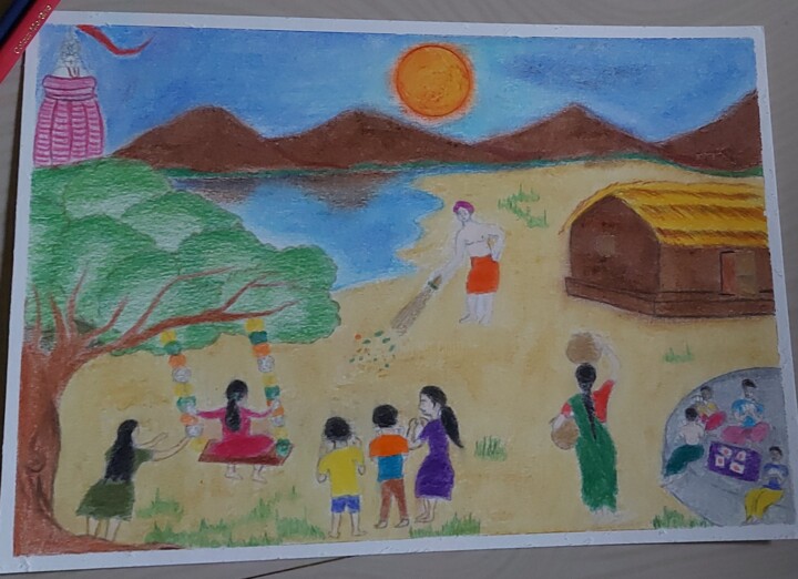 Drawing titled "Indian Village and…" by Sangram Bubun, Original Artwork, Oil