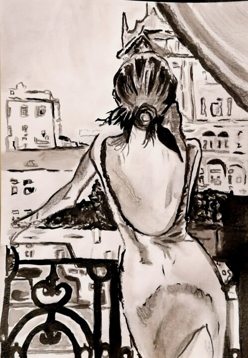 Drawing titled "View from the balco…" by Sanja Jancic, Original Artwork, Ink