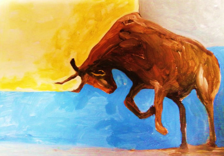 Schilderij getiteld "Playful Bull" door Blossom Art House, Origineel Kunstwerk, Acryl