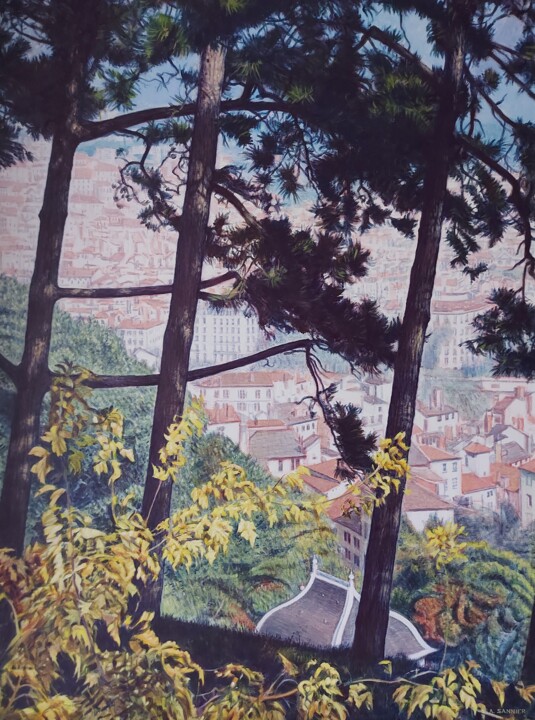 「Lyon vu de la colli…」というタイトルの絵画 Sannier Alainによって, オリジナルのアートワーク, アクリル ウッドストレッチャーフレームにマウント