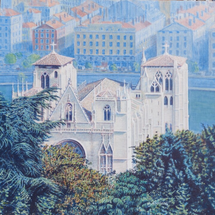 Pittura intitolato "Lyon la cathédrale…" da Sannier Alain, Opera d'arte originale, Acrilico Montato su Telaio per barella in…