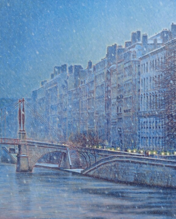 Painting titled "Lyon, quai de Saône…" by Sannier Alain, Original Artwork, Acrylic Mounted on Wood Stretcher frame