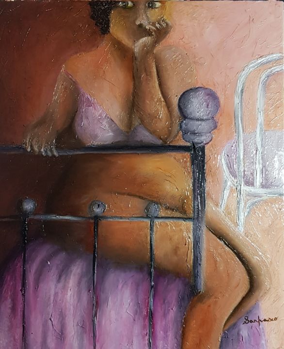Painting titled "femme-accoudee.jpg" by Sanpasco, Original Artwork, Oil