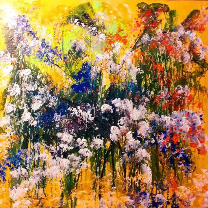 Painting titled "Fleurs sauvages" by San Roman, Original Artwork, Acrylic Mounted on Wood Panel