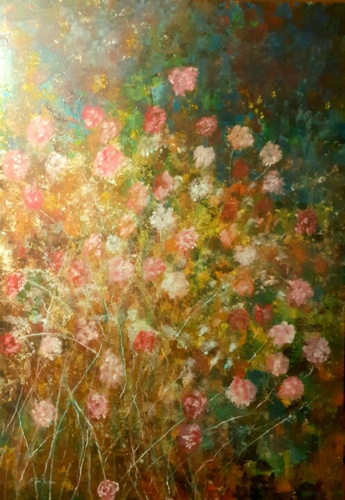 Painting titled "Roses sauvages dans…" by San Roman, Original Artwork, Acrylic Mounted on Other rigid panel