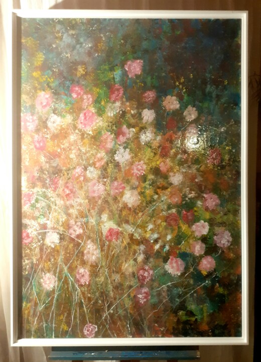 Painting titled "Roses sauvages" by San Roman, Original Artwork, Acrylic Mounted on Wood Stretcher frame
