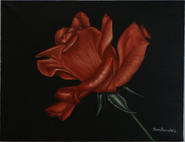 Malerei mit dem Titel "Rose rouge" von Paul Santander, Original-Kunstwerk, Öl