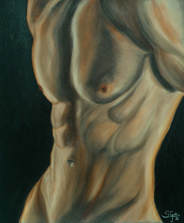 Painting titled "Piel masculina 3" by Santi Goñi, Original Artwork, Oil Mounted on Wood Stretcher frame