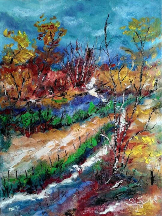 Painting titled "Colores de otoño." by Santi Goñi, Original Artwork, Oil Mounted on Wood Panel