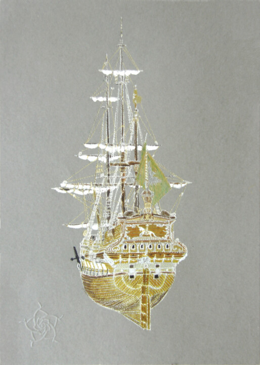 Dessin intitulée "Fantasy Ship" par Santiago Restrepo, Œuvre d'art originale, Encre