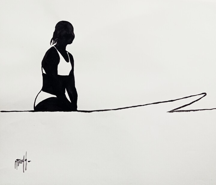 Drawing titled "Dessin Surfing" by Marc Turpaud, Original Artwork, Ink