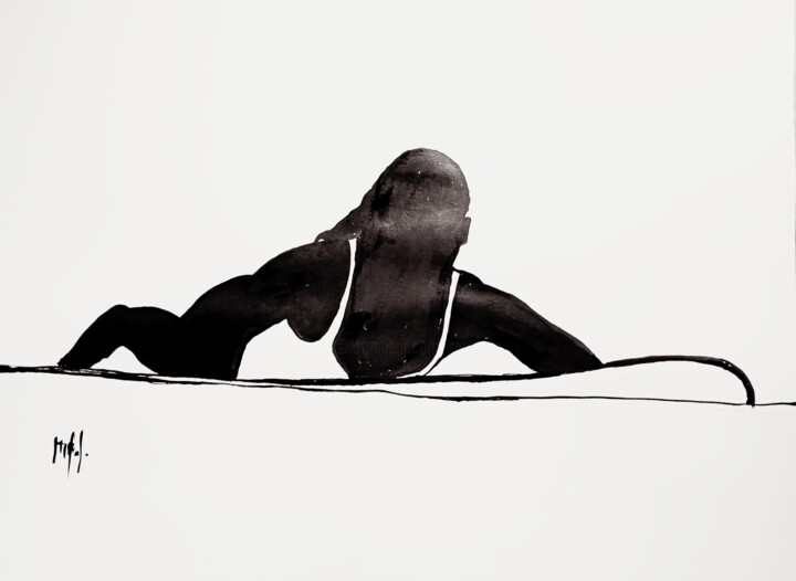 Zeichnungen mit dem Titel "Dessin girl Surfing" von Marc Turpaud, Original-Kunstwerk, Tinte