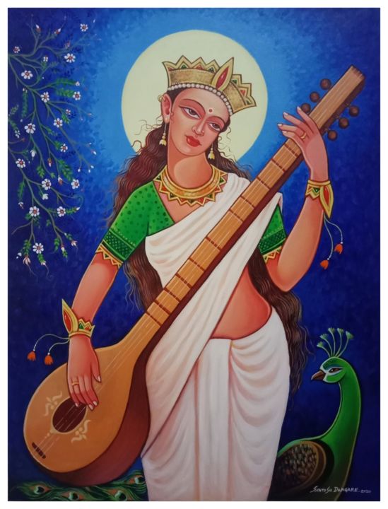 Painting titled "Saraswti Devi" by Santosh Dangare, Original Artwork, Acrylic