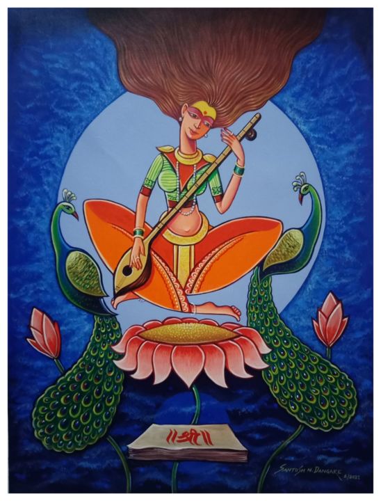 Painting titled "Goddess Saraswati" by Santosh Dangare, Original Artwork, Acrylic