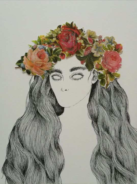 Zeichnungen mit dem Titel "Flower girl" von Saara Tompuri, Original-Kunstwerk, Tinte