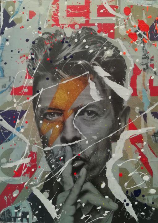 Collagen mit dem Titel "David Bowie" von Sara Arnaout, Original-Kunstwerk, Acryl