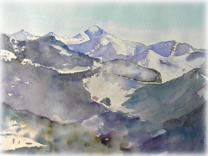 Painting titled "massif-du-mont-blanc" by Sara Elena Besson, Original Artwork, Watercolor
