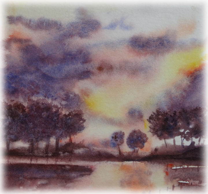 Painting titled "sunset" by Sara Elena Besson, Original Artwork, Watercolor