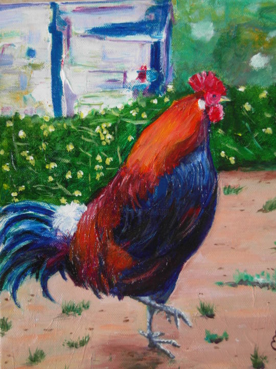 Painting titled "coq" by Sara Elena Besson, Original Artwork, Oil