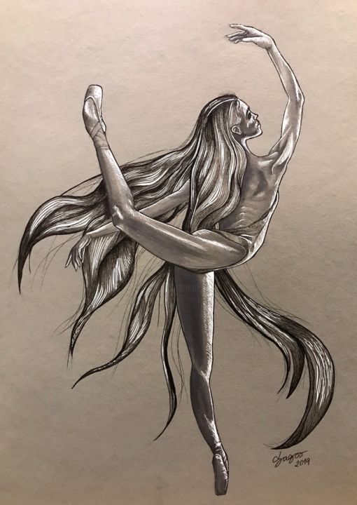 Dessin intitulée "Ballerina in Black" par Sara Guerra, Œuvre d'art originale, Stylo à bille