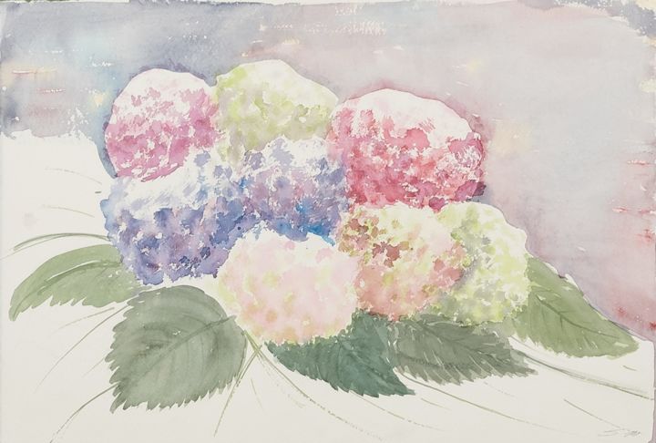 Painting titled "Ortensie di Marches…" by Sara Maio, Original Artwork, Watercolor