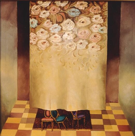 Schilderij getiteld "DETRAS DEL TELON" door Sara Rosales, Origineel Kunstwerk, Olie