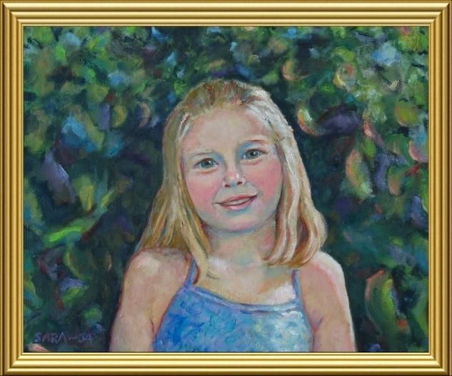 Schilderij getiteld "Girl In Blue Dress" door Sara B, Origineel Kunstwerk