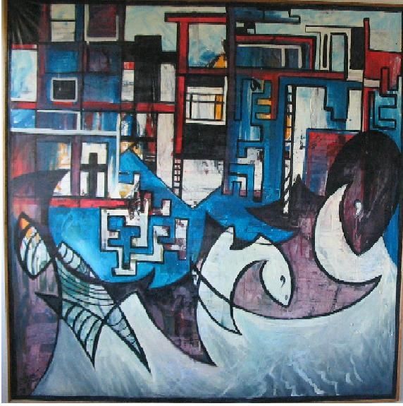 Painting titled "ciudad copula y mar" by Mario Sarabí, Original Artwork