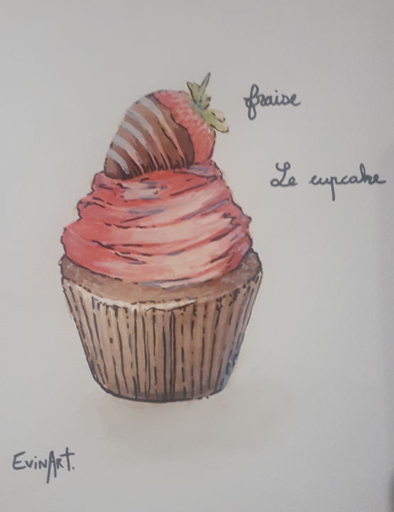 Malerei mit dem Titel "Cupcake fraise" von Sarah Bednarek, Original-Kunstwerk, Aquarell