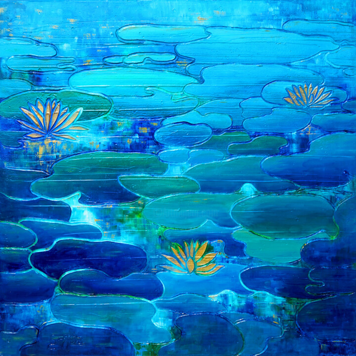 Painting titled "Water Lily VI." by Sarah I. Avni, Original Artwork, Oil Mounted on Wood Stretcher frame