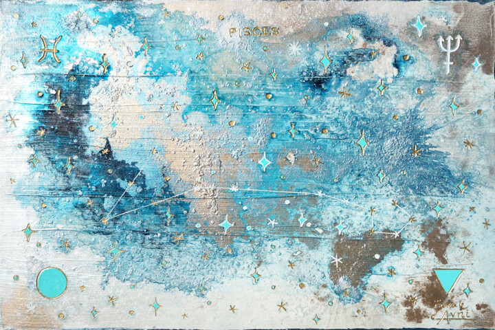 Painting titled "Blue Pisces 1/9" by Sarah I. Avni, Original Artwork, Acrylic Mounted on Wood Stretcher frame