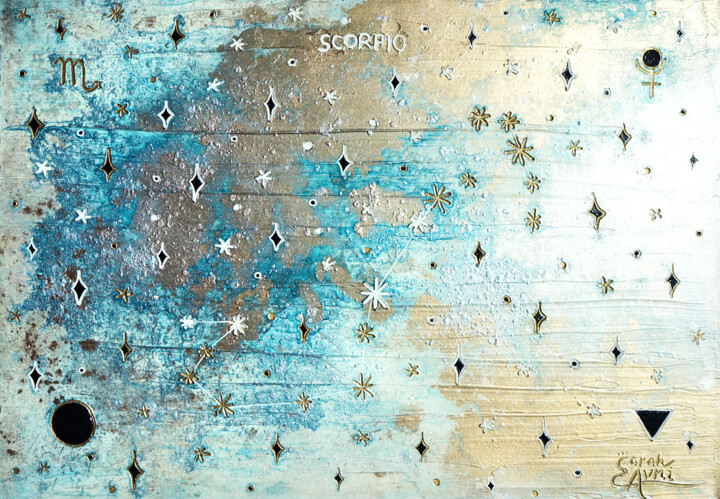 Painting titled "Blue Scorpio 1" by Sarah I. Avni, Original Artwork, Acrylic Mounted on Wood Stretcher frame