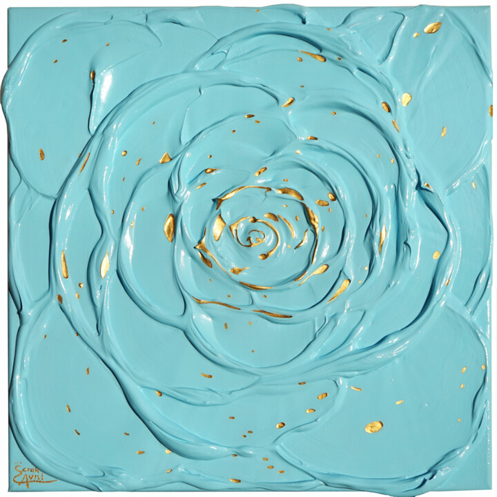 Painting titled "Little Blue Rose wi…" by Sarah I. Avni, Original Artwork, Acrylic Mounted on Wood Stretcher frame
