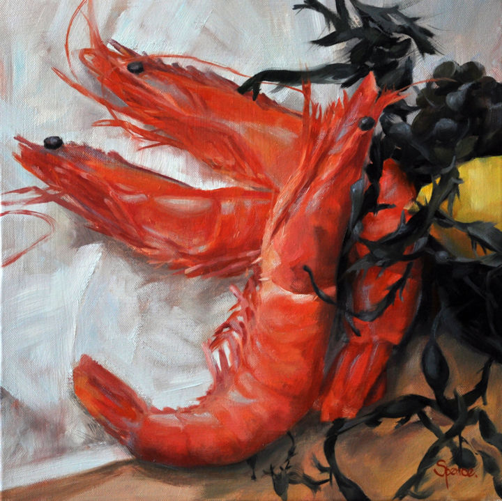 Painting titled "King Prawns and sea…" by Sarah Spence, Original Artwork, Oil