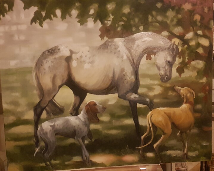 Malarstwo zatytułowany „Horse and hounds” autorstwa Sarah Borg, Oryginalna praca, Olej Zamontowany na Drewniana rama noszy