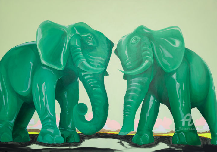 Schilderij getiteld "Jade Elephants" door Sarah Edwards, Origineel Kunstwerk, Acryl