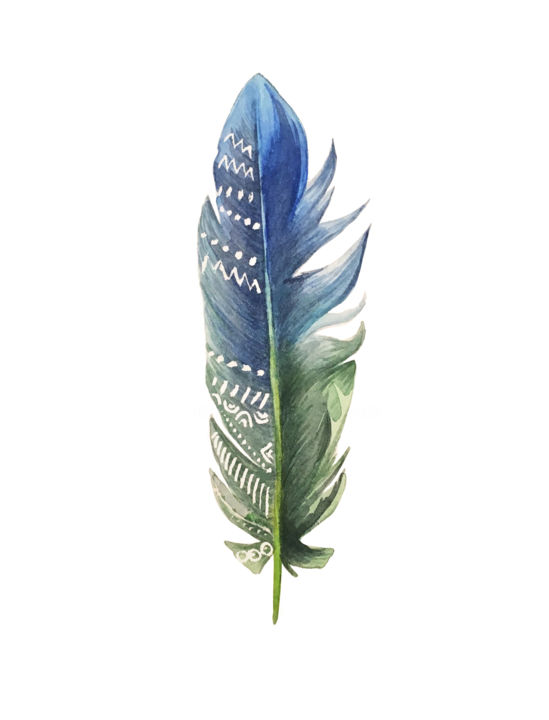 Pittura intitolato "plume bleu vert.jpg" da Sarah Quarelle, Opera d'arte originale, Acquarello