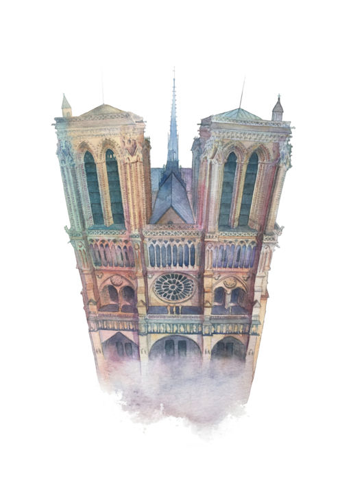 Malerei mit dem Titel "Notre-Dame de Paris" von Sarah Quarelle, Original-Kunstwerk, Aquarell