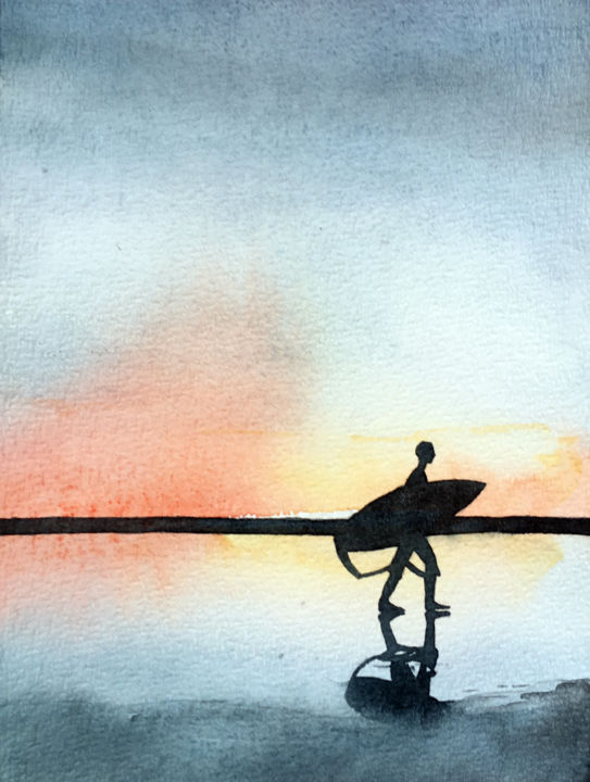 Peinture intitulée "surfer à Tofino" par Sarah Quarelle, Œuvre d'art originale, Aquarelle