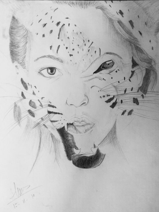 Tekening getiteld "A tiger woman" door Sarah Soviany, Origineel Kunstwerk, Potlood