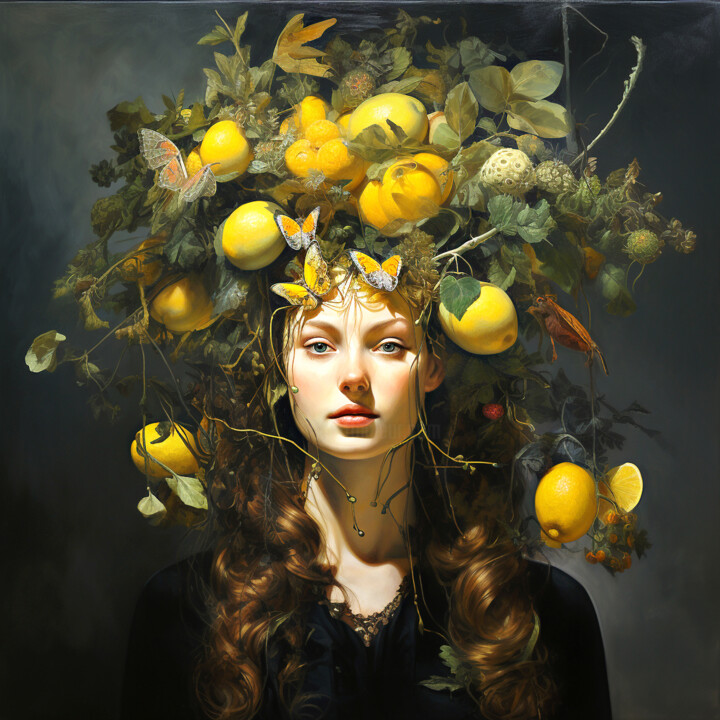 Arts numériques intitulée "Girl in lemons 3" par Saras, Œuvre d'art originale, Image générée par l'IA