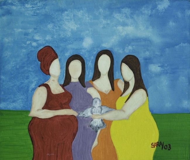 Pintura intitulada "Quatro Gordas em co…" por Sara Vieira, Obras de arte originais, Óleo