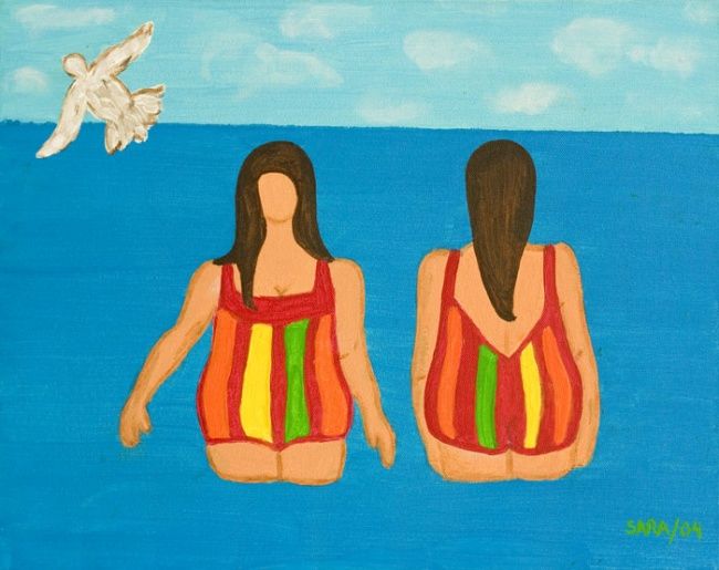 Pintura intitulada "Duas gordas na água" por Sara Vieira, Obras de arte originais, Óleo