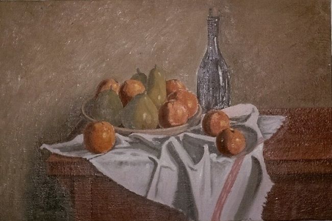 Картина под названием "frutta bottiglia co…" - Angelo Sara, Подлинное произведение искусства