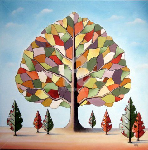 Peinture intitulée "L' arbre et les 7 f…" par Sarian, Œuvre d'art originale, Huile