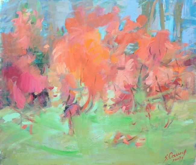 Malerei mit dem Titel "The red rhododendron" von Sarmite Caune, Original-Kunstwerk